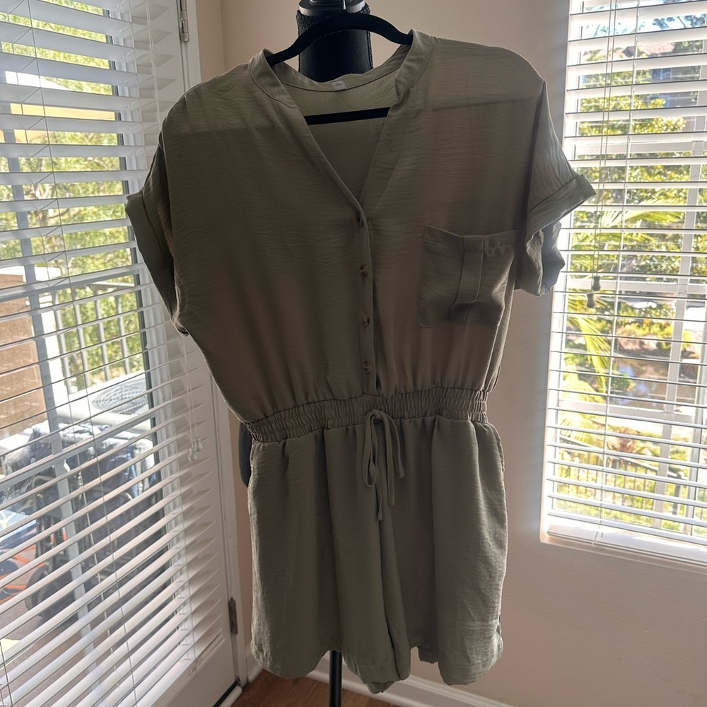 Olive Green Button front romper- Elastic waist Casual Boho